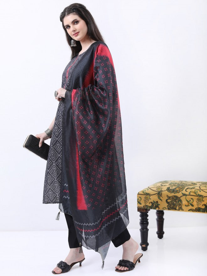 Ketch Women Black Printed Kurta With Trouser And Dupatta - Black - Image 4