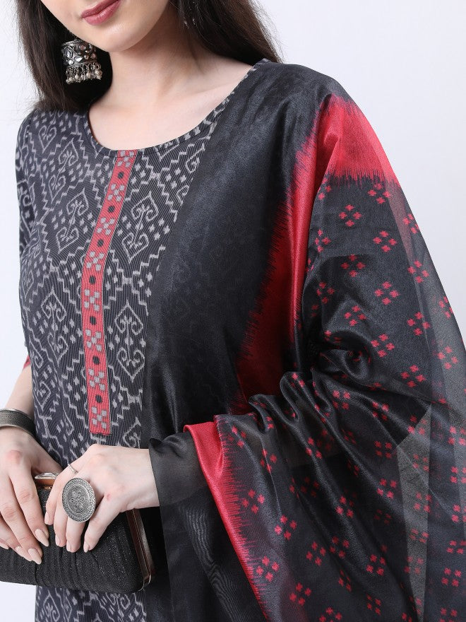 Ketch Women Black Printed Kurta With Trouser And Dupatta - Black - Image 5