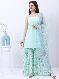 Ketch Women Blue Printed Kurta With Sharara And Dupatta - Blue - Image 1