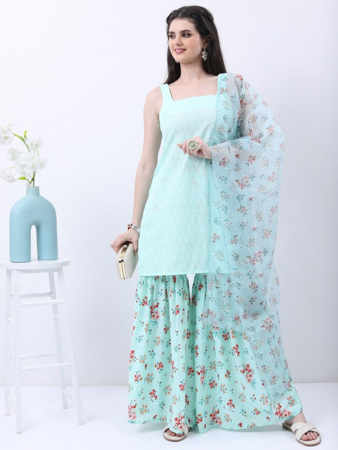 Ketch Women Blue Printed Kurta With Sharara And Dupatta - Blue - Image 1