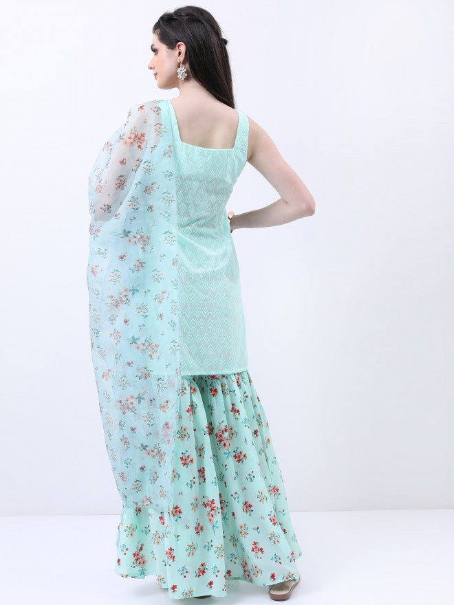 Ketch Women Blue Printed Kurta With Sharara And Dupatta - Blue - Image 3