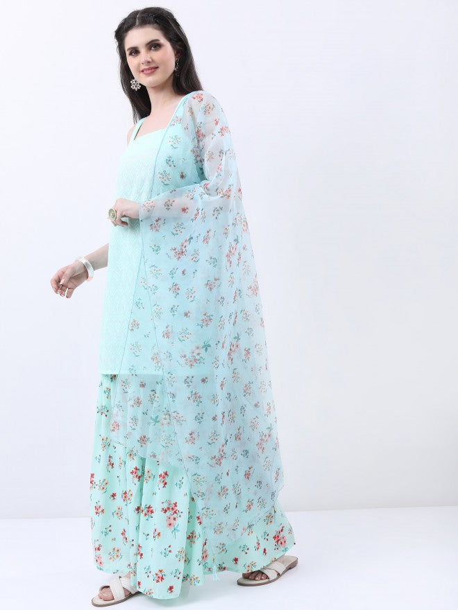 Ketch Women Blue Printed Kurta With Sharara And Dupatta - Blue - Image 4