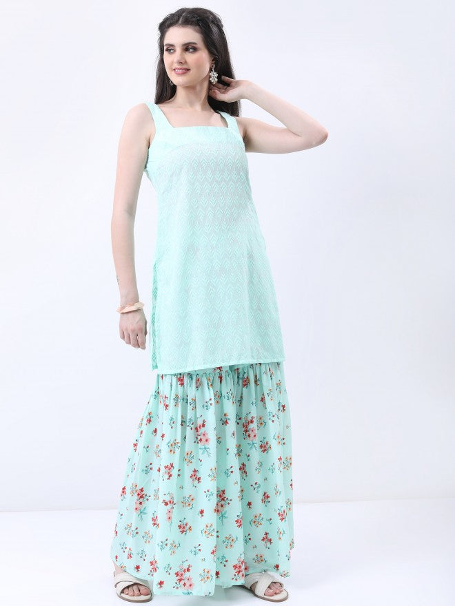 Ketch Women Blue Printed Kurta With Sharara And Dupatta - Blue - Image 6
