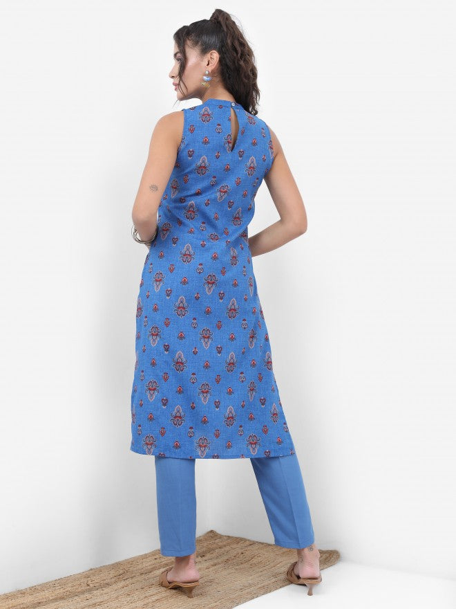 Ketch Women Blue Printed Kurta With Trouser - Blue - Image 3