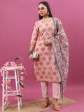 Ketch Women Peach Printed Kurta With Trouser And Dupatta - Peach - Image 1