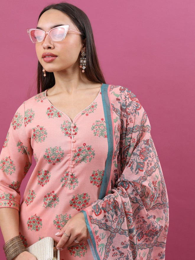 Ketch Women Peach Printed Kurta With Trouser And Dupatta - Peach - Image 2