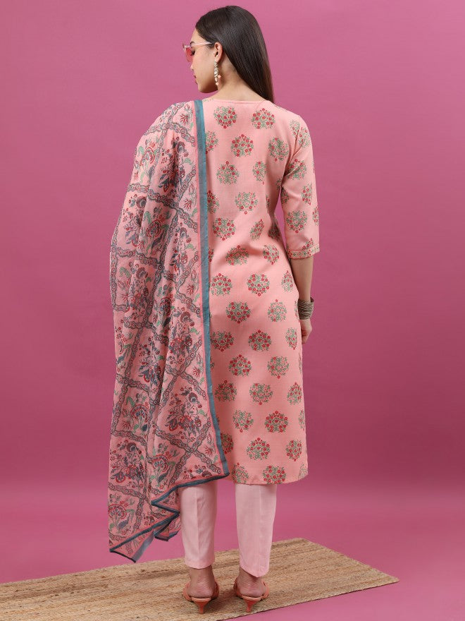 Ketch Women Peach Printed Kurta With Trouser And Dupatta - Peach - Image 3