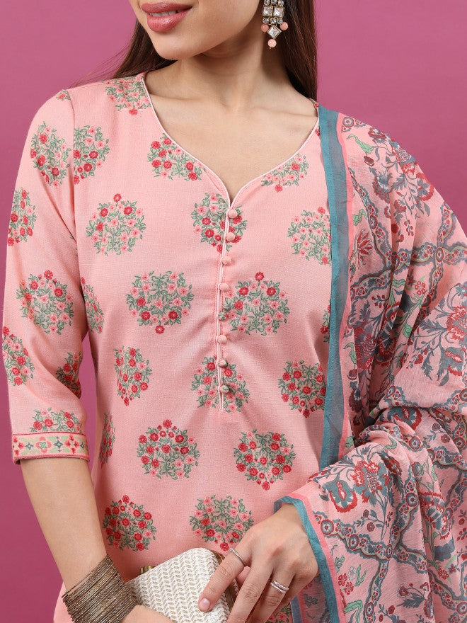 Ketch Women Peach Printed Kurta With Trouser And Dupatta - Peach - Image 5