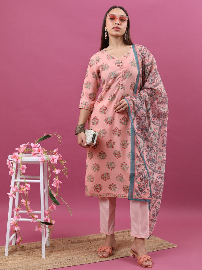 Ketch Women Peach Printed Kurta With Trouser And Dupatta - Peach - Image 8
