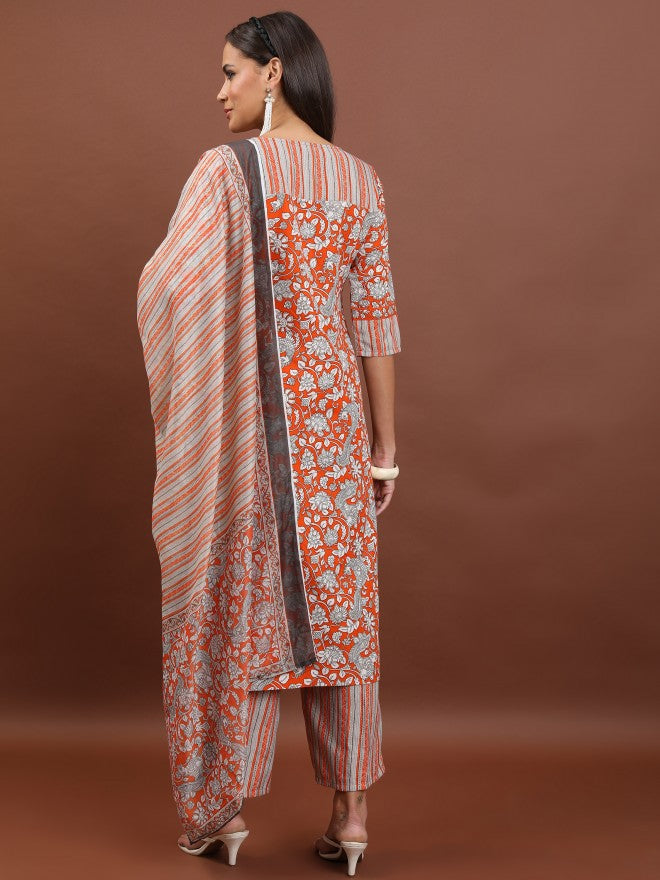 Ketch Women Terracotta Printed Kurta With Palazzo And Dupatta - Terracotta - Image 3