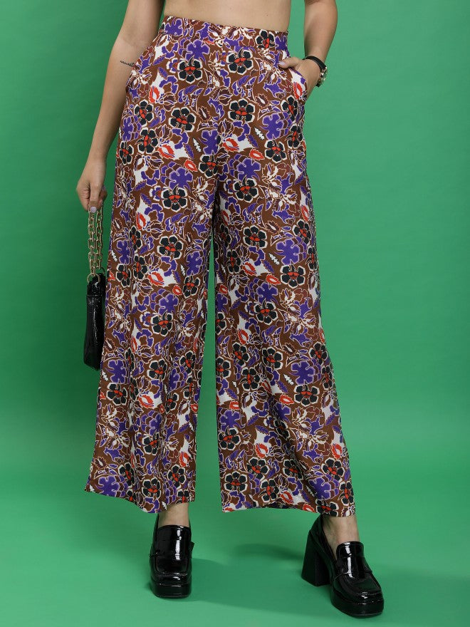 Ketch Women Brown/Purple/Multi Printed Flared Casual Trouser - Brown - Image 1