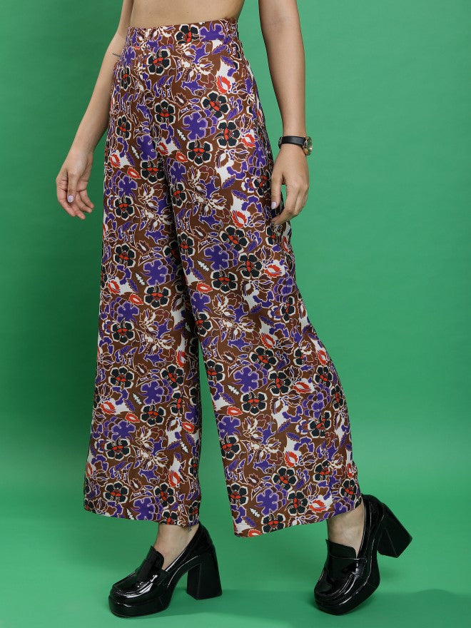 Ketch Women Brown/Purple/Multi Printed Flared Casual Trouser - Brown - Image 4