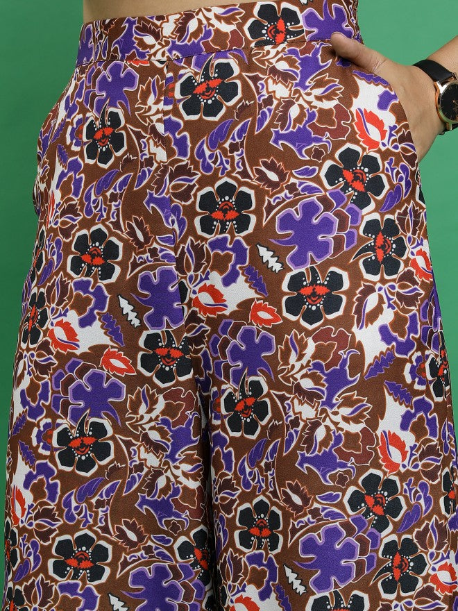 Ketch Women Brown/Purple/Multi Printed Flared Casual Trouser - Brown - Image 5