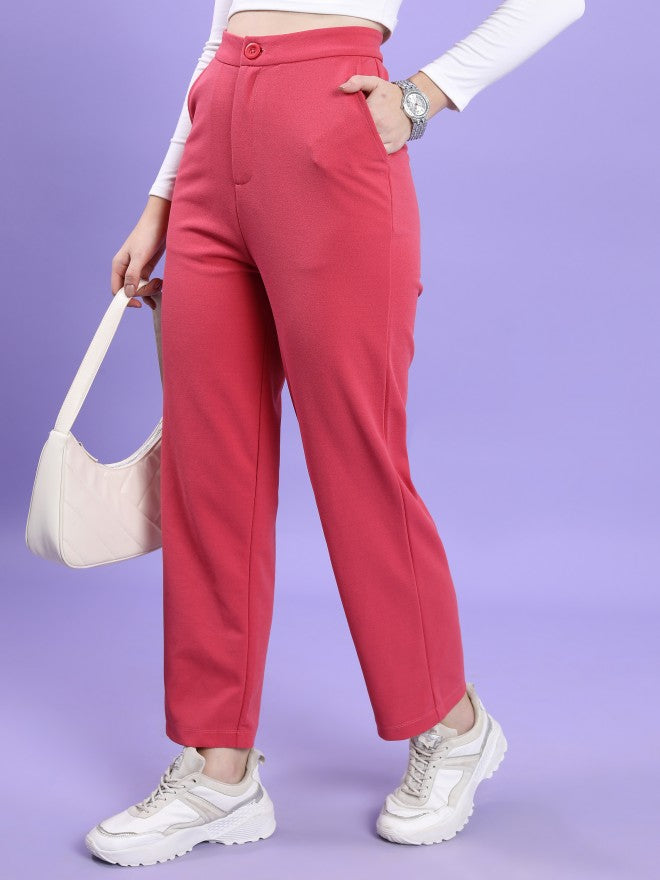Ketch Women Coral Solid Regular Fit Casual Trouser - Coral - Image 4