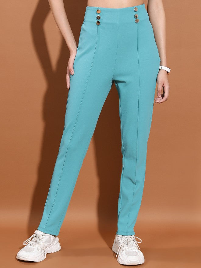Ketch Women Sea Green Solid Slim Fit Casual Trouser - Sage - Image 1