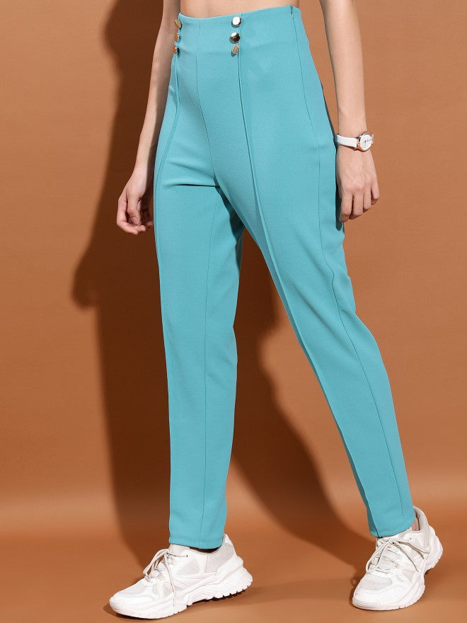 Ketch Women Sea Green Solid Slim Fit Casual Trouser - Sage - Image 4