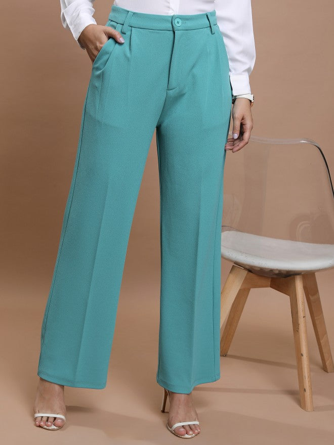Ketch Women Sea Green Solid Flared Casual Trouser - Sage - Image 1