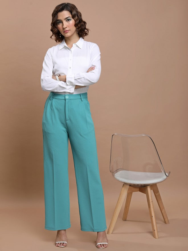 Ketch Women Sea Green Solid Flared Casual Trouser - Sage - Image 2