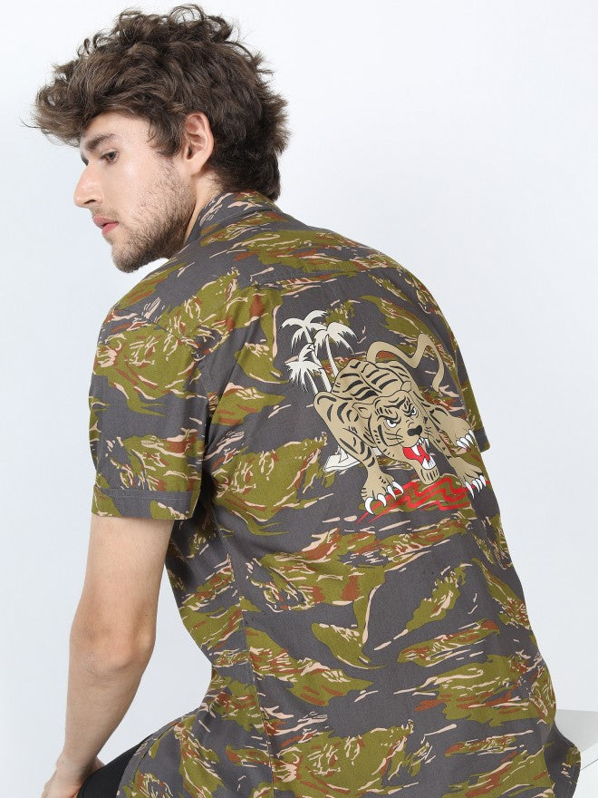 Mens Olive Slim Fit Printed Casual Shirt - Olive - Image 1