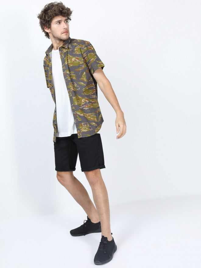 Mens Olive Slim Fit Printed Casual Shirt - Olive - Image 2