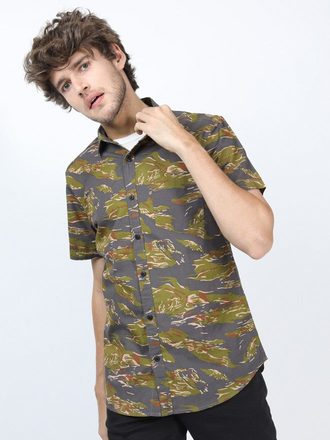 Mens Olive Slim Fit Printed Casual Shirt - Olive - Image 3