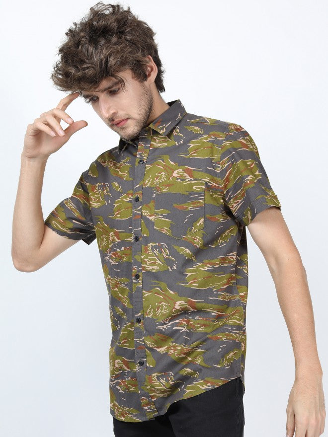 Mens Olive Slim Fit Printed Casual Shirt - Olive - Image 4