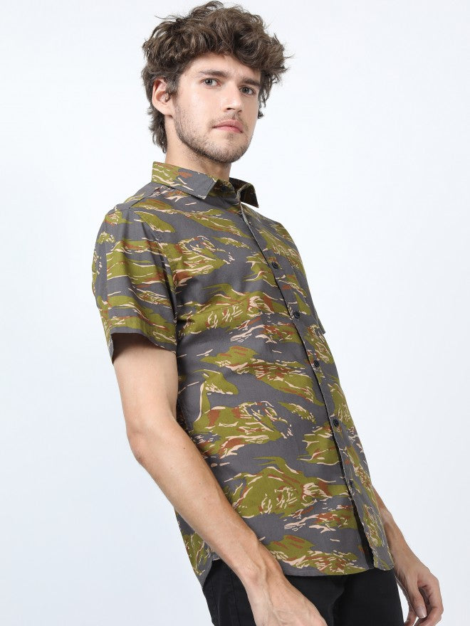 Mens Olive Slim Fit Printed Casual Shirt - Olive - Image 6