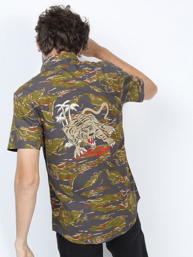 Mens Olive Slim Fit Printed Casual Shirt - Olive - Image 7