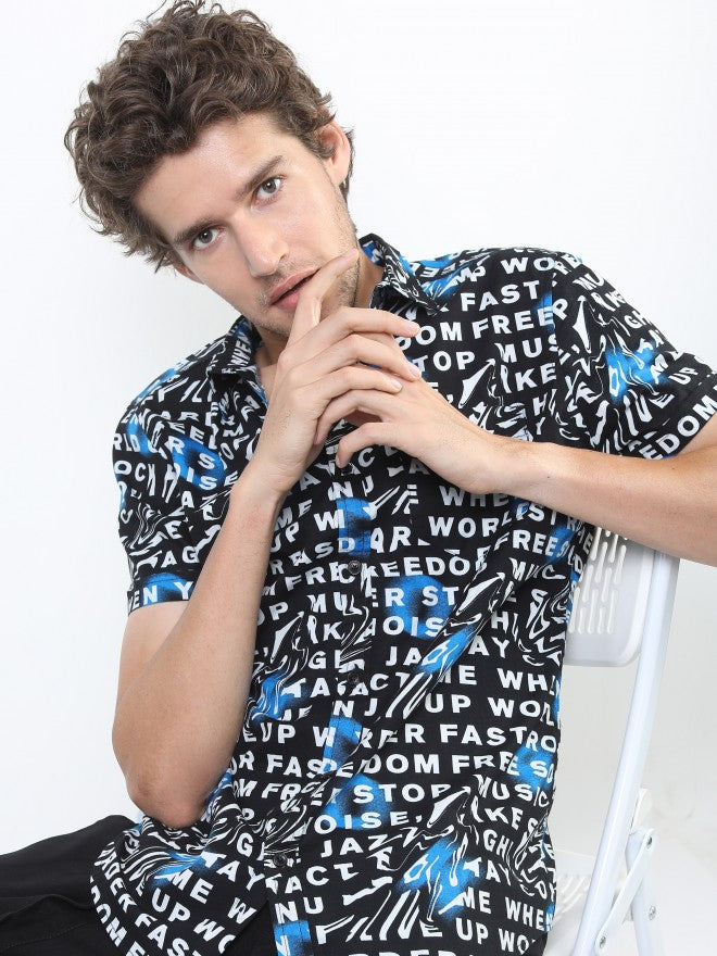 Ketch Mens Black/White Slim Fit Printed Casual Shirt - Black - Image 1