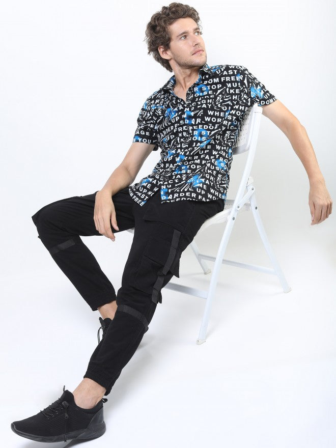 Ketch Mens Black/White Slim Fit Printed Casual Shirt - Black - Image 2