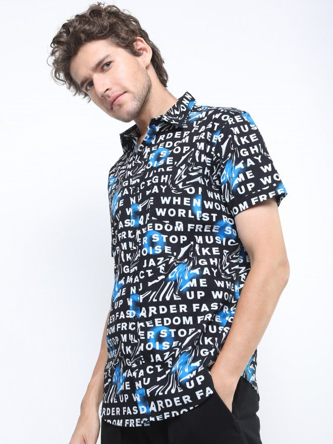 Ketch Mens Black/White Slim Fit Printed Casual Shirt - Black - Image 4