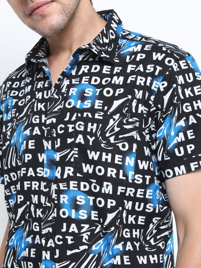 Ketch Mens Black/White Slim Fit Printed Casual Shirt - Black - Image 5