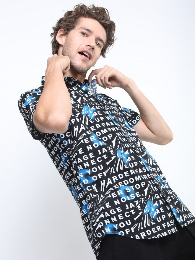 Ketch Mens Black/White Slim Fit Printed Casual Shirt - Black - Image 6