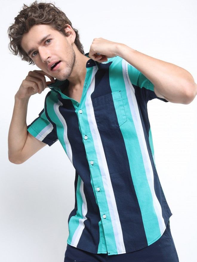 Ketch Mens Navy/Green Slim Fit Striped Casual Shirt - Navy Blue - Image 1