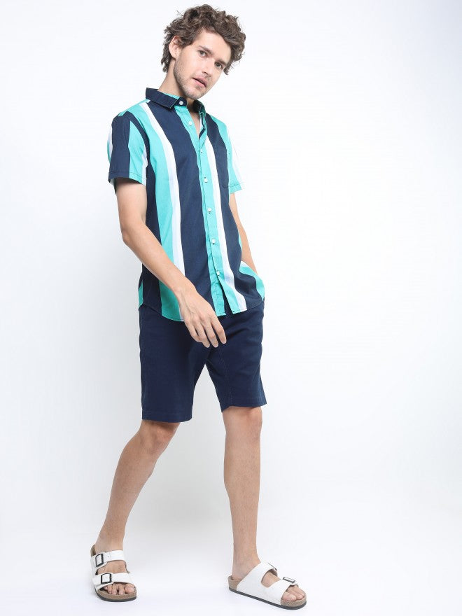 Ketch Mens Navy/Green Slim Fit Striped Casual Shirt - Navy Blue - Image 2
