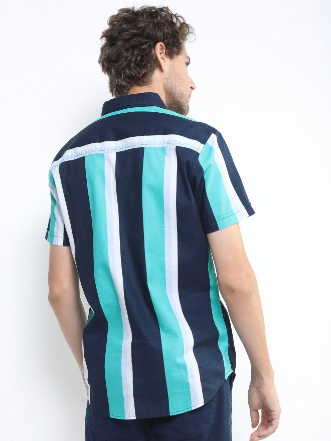 Ketch Mens Navy/Green Slim Fit Striped Casual Shirt - Navy Blue - Image 3
