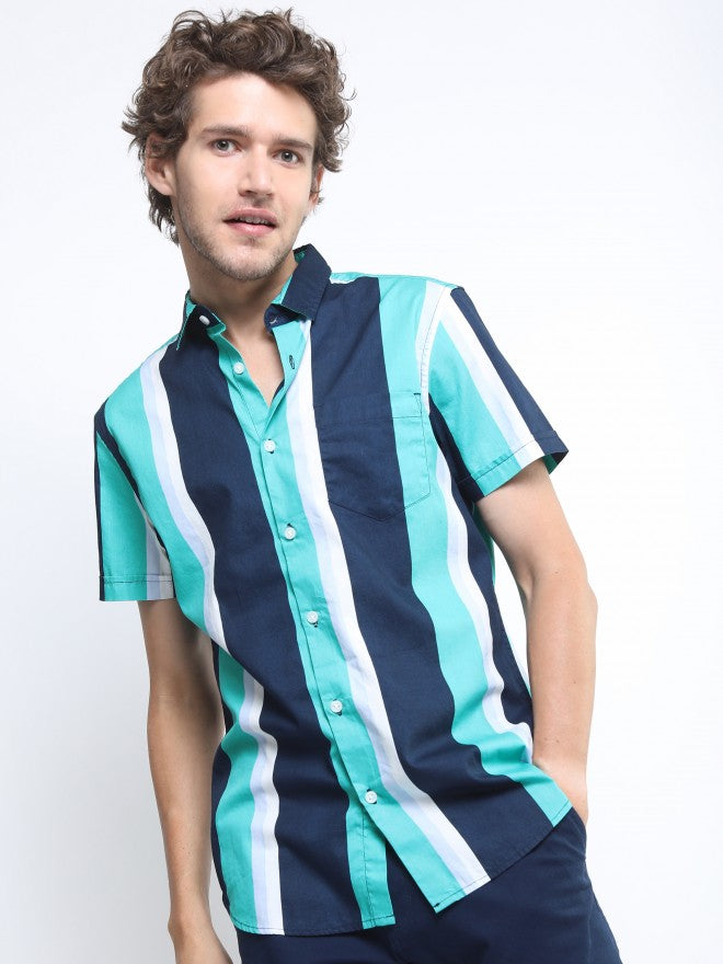 Ketch Mens Navy/Green Slim Fit Striped Casual Shirt - Navy Blue - Image 4