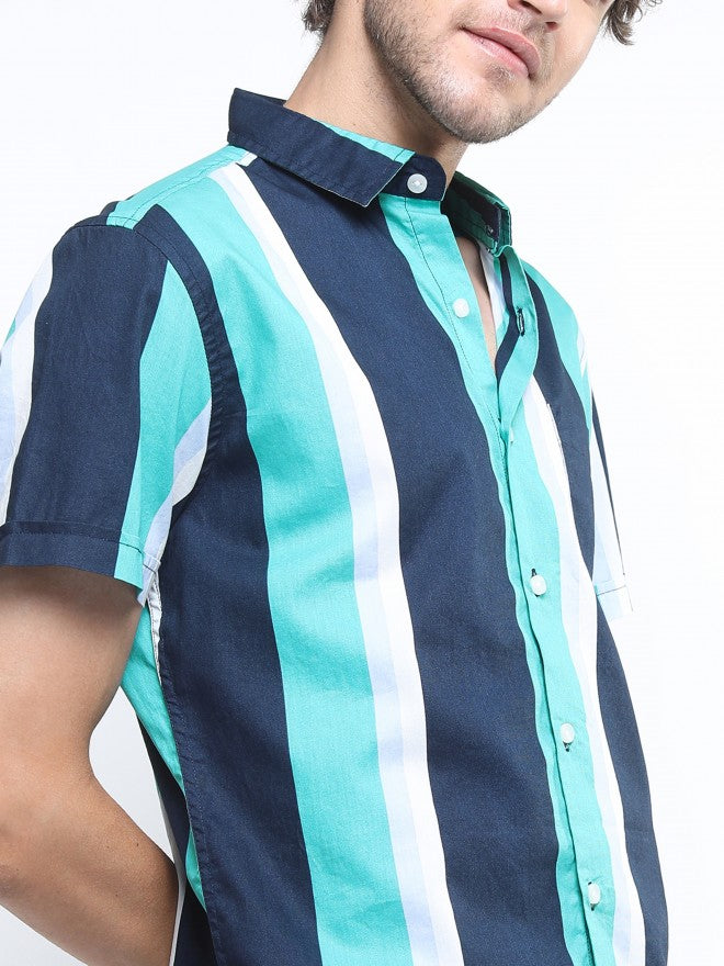 Ketch Mens Navy/Green Slim Fit Striped Casual Shirt - Navy Blue - Image 5
