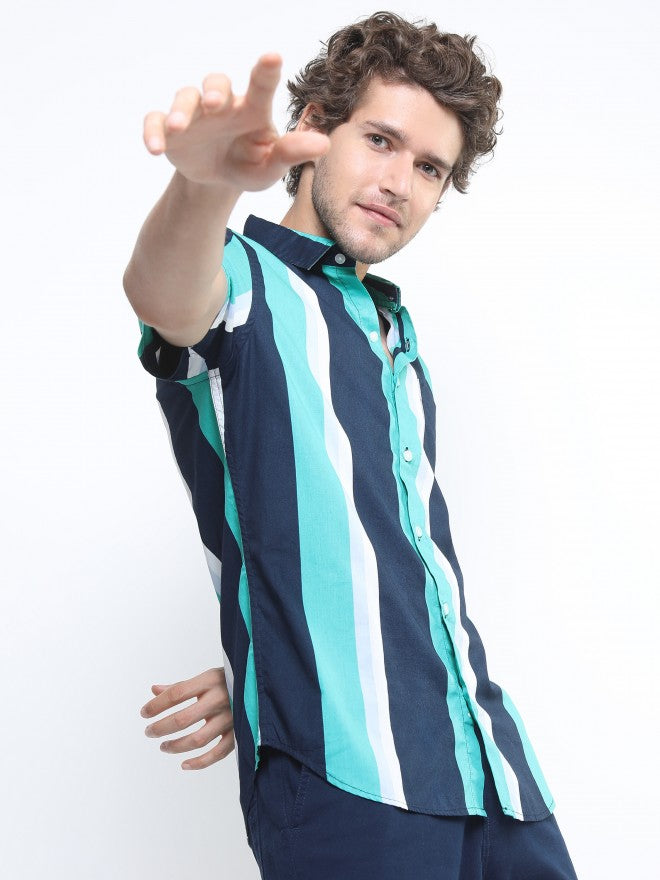 Ketch Mens Navy/Green Slim Fit Striped Casual Shirt - Navy Blue - Image 6