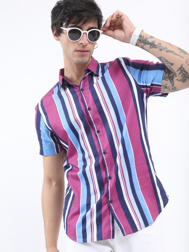 Ketch Men Pink Slim Fit Striped Casual Shirt - Pink - Image 4