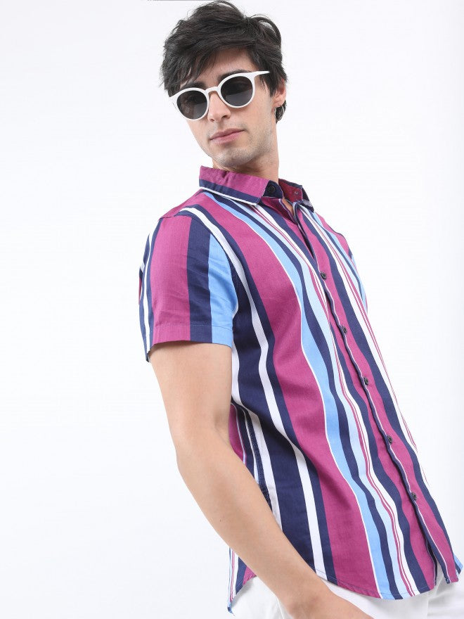 Ketch Men Pink Slim Fit Striped Casual Shirt - Pink - Image 6