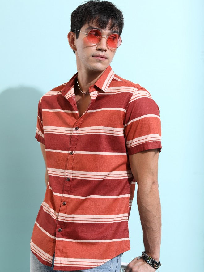 Ketch Men Rust Striped Slim Fit Casual Shirt - Terracotta - Image 1
