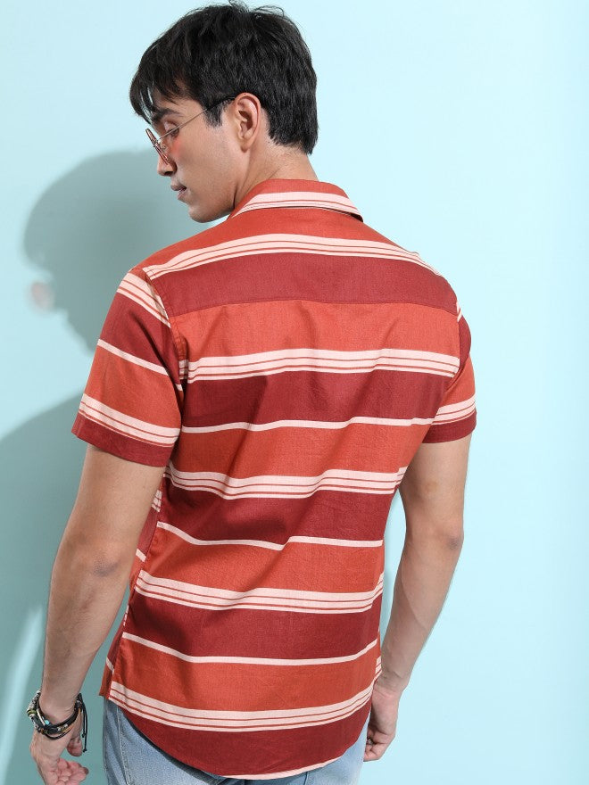 Ketch Men Rust Striped Slim Fit Casual Shirt - Terracotta - Image 3