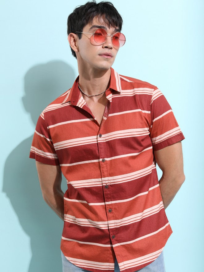 Ketch Men Rust Striped Slim Fit Casual Shirt - Terracotta - Image 4