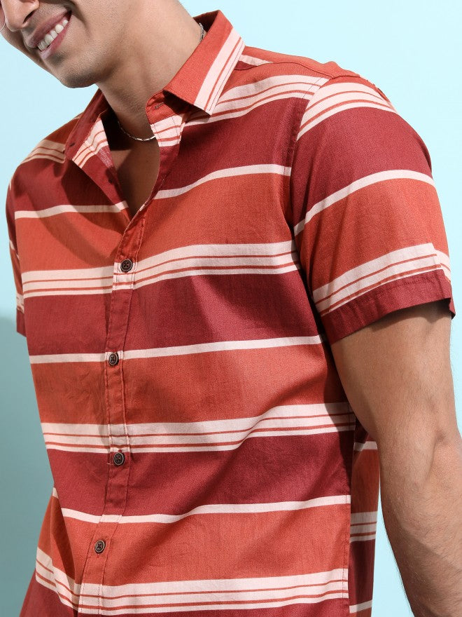 Ketch Men Rust Striped Slim Fit Casual Shirt - Terracotta - Image 5