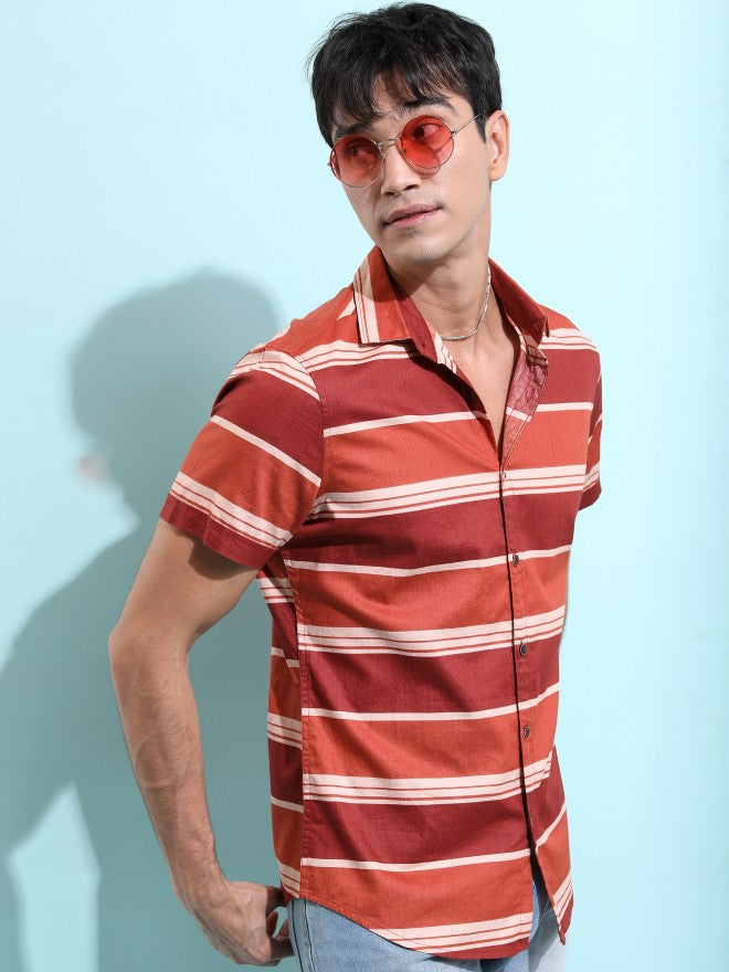 Ketch Men Rust Striped Slim Fit Casual Shirt - Terracotta - Image 6