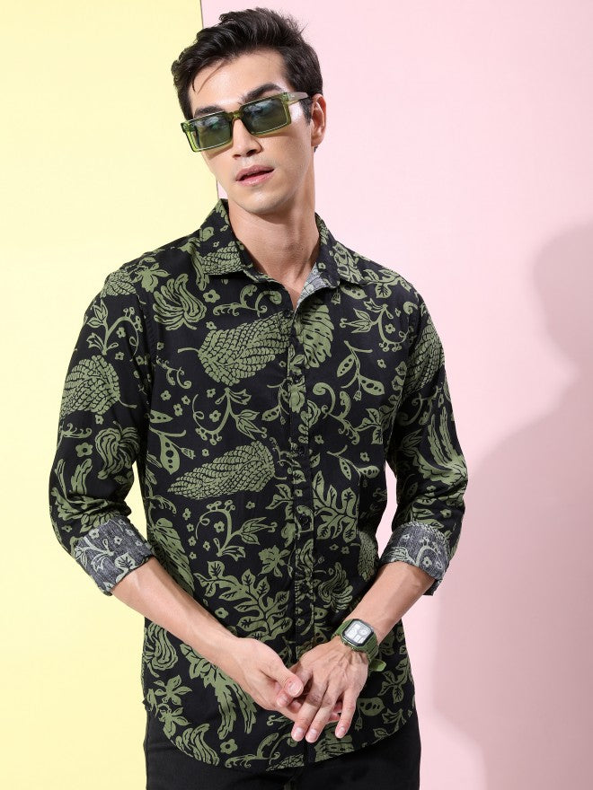 Ketch Men Olive Printed Slim Fit Casual Shirt - Olive - Image 1