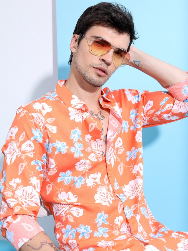 Ketch Men Orange Printed Slim Fit Casual Shirt - Orange - Image 1