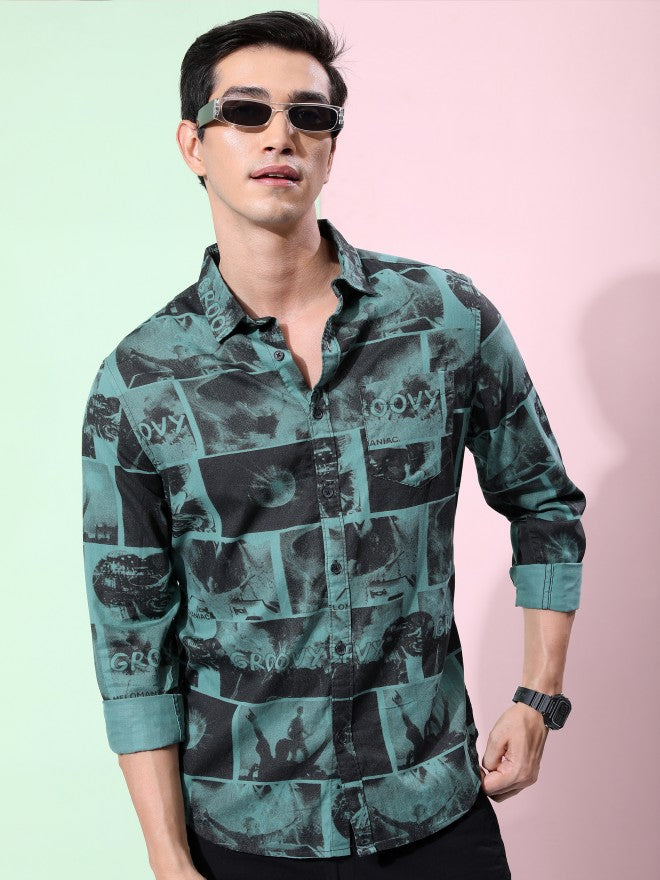 Ketch Men Sea Green Printed Slim Fit Casual Shirt - Green - Image 1