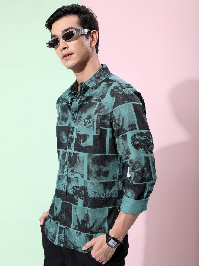 Ketch Men Sea Green Printed Slim Fit Casual Shirt - Green - Image 4